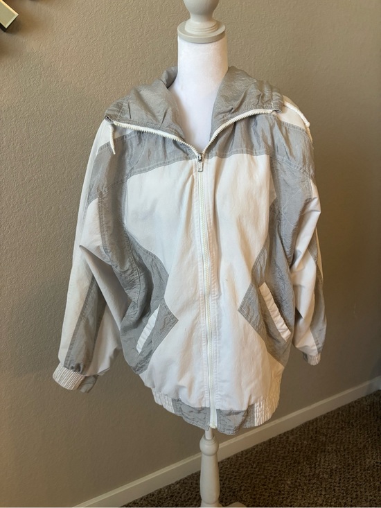 Mulberry Street Jackets & Blazers - Light Gray and White Women's Hooded Windbreaker Jacket